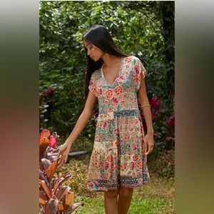 Johnny Was Aztec Flower Tiered Hem Dress